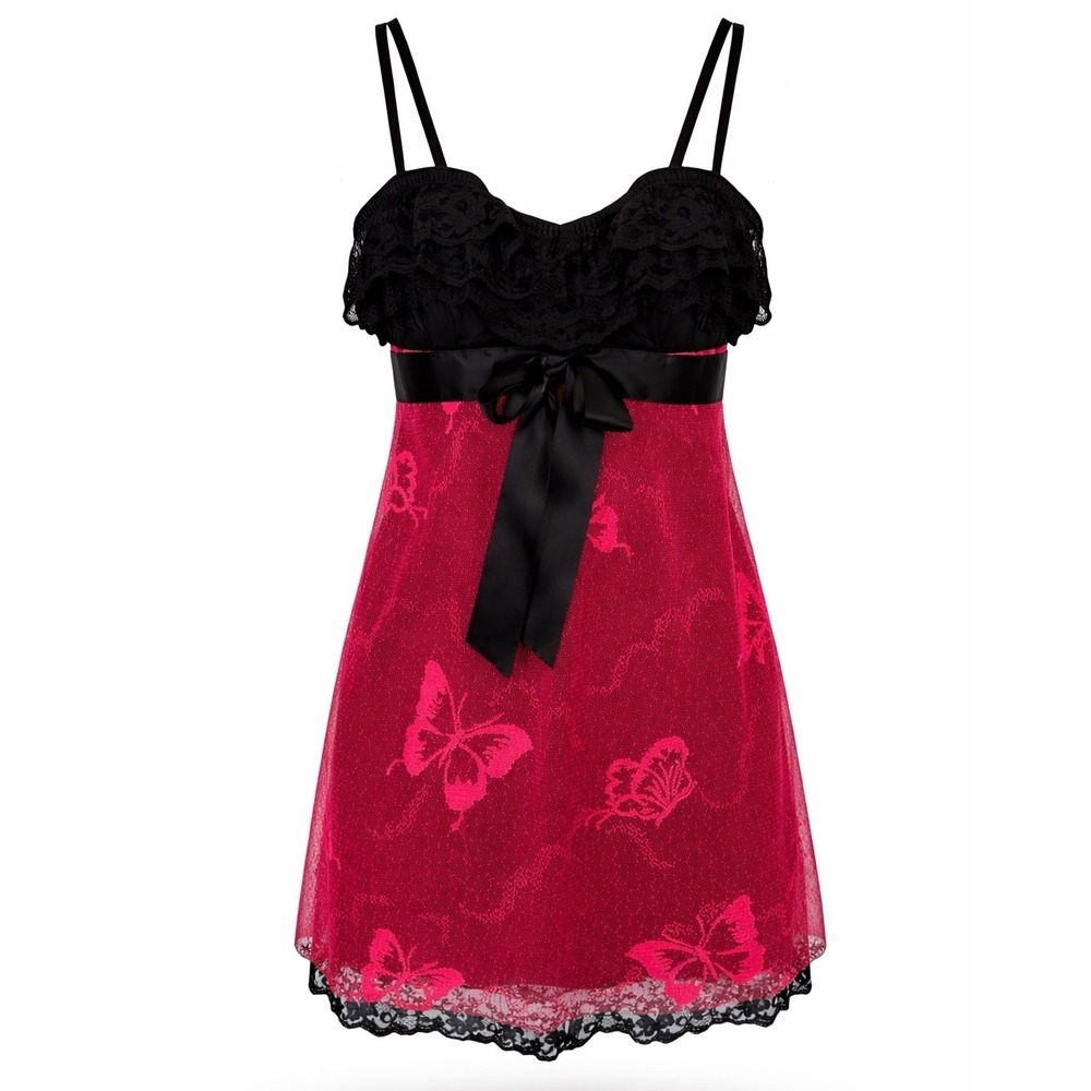 Vintage VS‎ Anna Sui Butterfly Lace Babydoll Lingerie Mini Dress 36C Pink Black